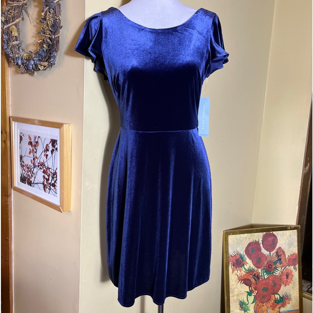 LONDON TIMES size 4 Blue Velvet Dress Stretchy Fit-N-Flair Ruffle Sleeve $79 NEW